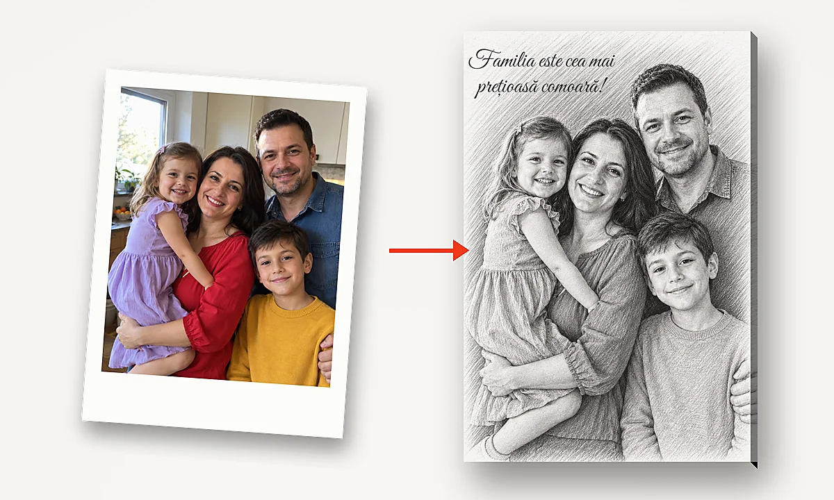 Poza unei familii de patru; portretul lor în creion, cu mesajul scris de mână