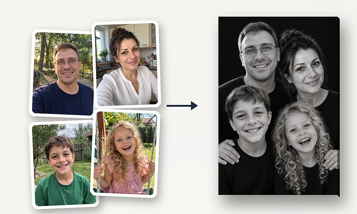 Patru poze separate, făcute în zile diferite; Familia, într-un singur portret de studio