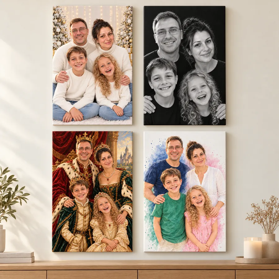 Aceeași familie în patru tablouri: de Crăciun, de studio, regal și în acuarelă