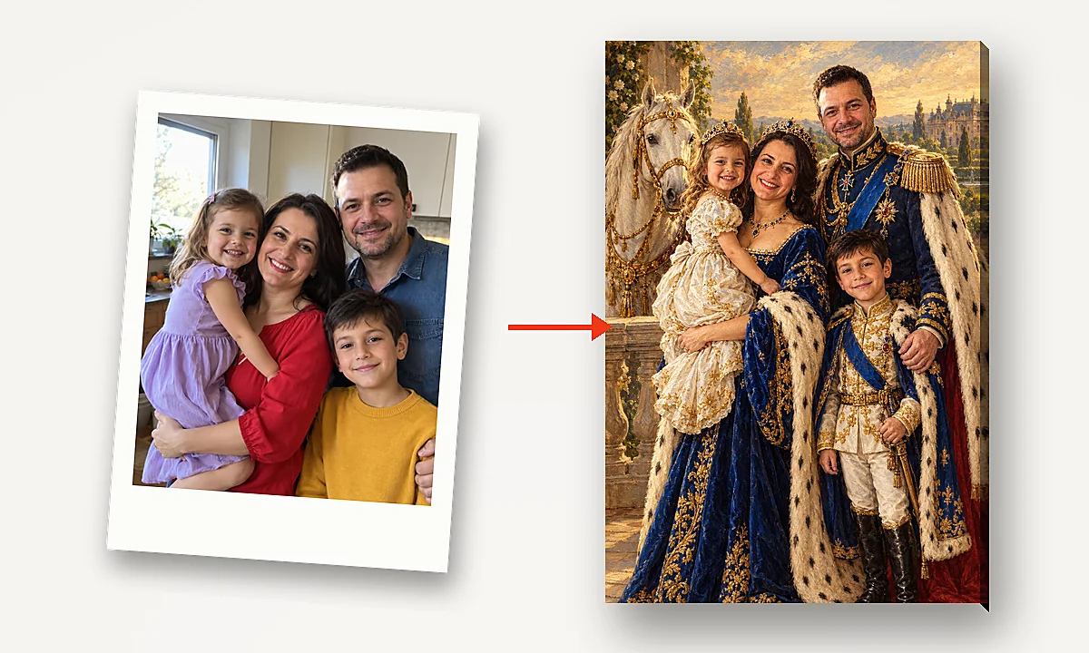 Poza familiei în bucătărie; portretul regal al familiei în grădina palatului, cu calul alb