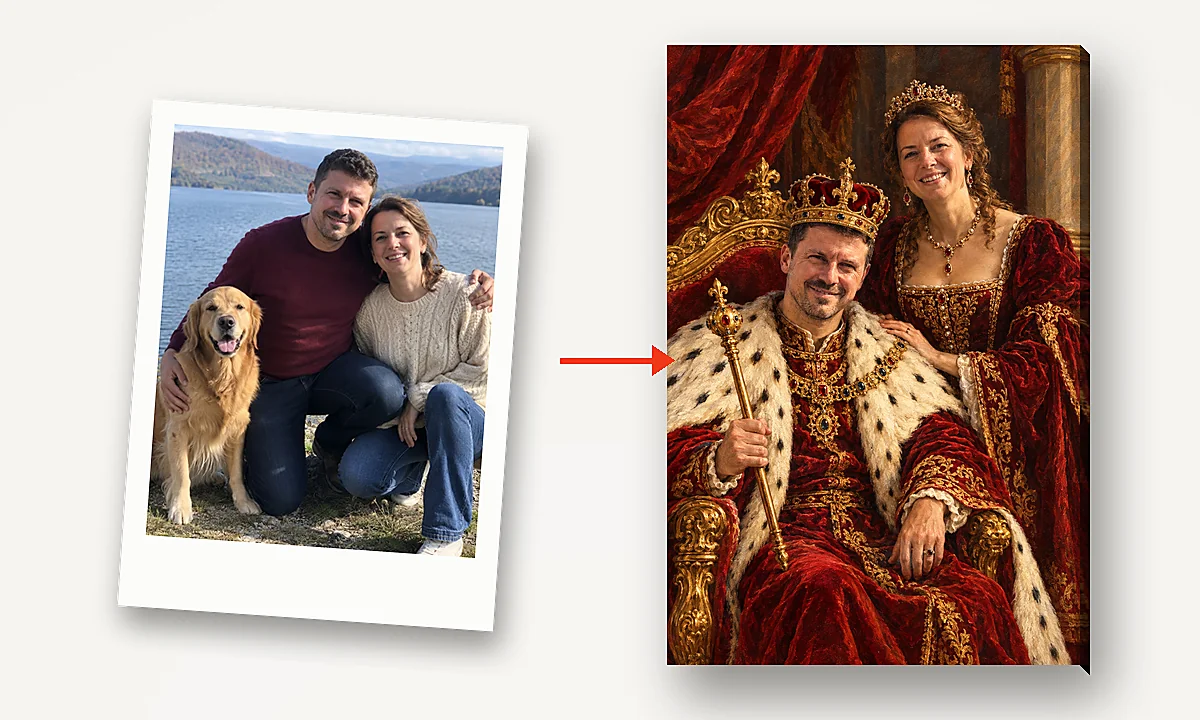 Poza de la lac, cu câinele; portretul regal al cuplului pe tron