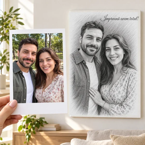 Poza unui cuplu, ținută în mână ca polaroid, și portretul lor în creion pe tablou canvas, pe perete, cu mesajul scris de mână „Împreună avem totul!” Poza unui cuplu, ținută în mână ca polaroid, și portretul lor în creion pe tablou canvas, pe perete, cu mesajul scris de mână „Împreună avem totul!”