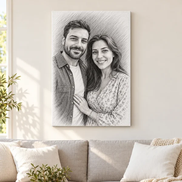 Tablou canvas cu portretul în creion al unui cuplu, deasupra canapelei din living
