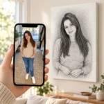 Poza întreagă a unei tinere pe ecranul telefonului și portretul ei în creion, bust, pe peretele din living