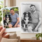 Poza unui bărbat cu câinele lui, ca polaroid, și portretul lor în creion pe perete, cu mesajul „Cel mai bun prieten”