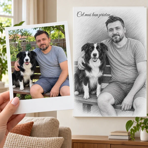 Poza unui bărbat cu câinele lui, ca polaroid, și portretul lor în creion pe perete, cu mesajul „Cel mai bun prieten”