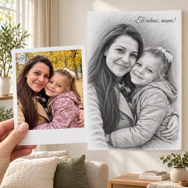 Poza unei mame cu fiica, ca polaroid, și portretul lor în creion pe perete, cu mesajul „Te iubesc, mami!”