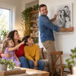 Tatăl agață tabloul cu portretul familiei în creion, copiii arată spre el