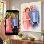 Poza de la aniversare pe telefon și tabloul în acuarelă făcut din ea, pe perete