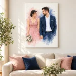 Tablou canvas în acuarelă cu un cuplu la nuntă, deasupra canapelei din living