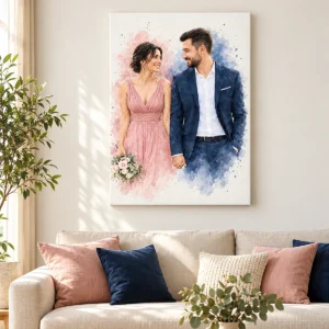 Tablou canvas în acuarelă cu un cuplu la nuntă, deasupra canapelei din living