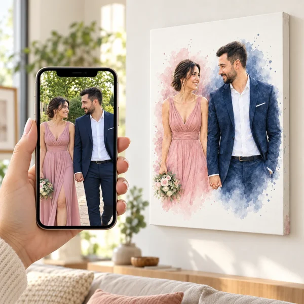Poza de la nuntă pe ecranul telefonului și tabloul în acuarelă pictat din ea, pe peretele din living