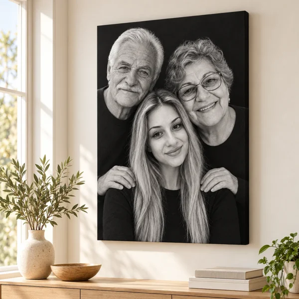 Portret de studio cu bunicii și nepoata, pe un perete luminos, lângă fereastră