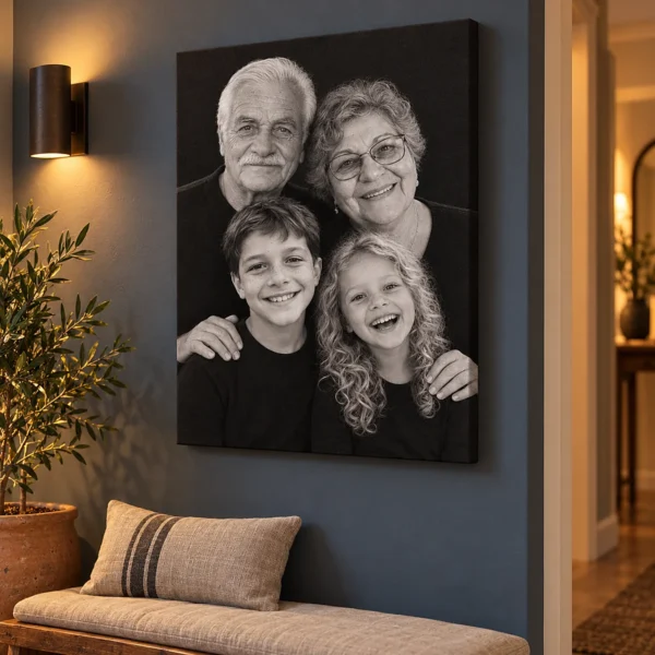 Portret de studio cu bunicii și nepoții, pe peretele din hol