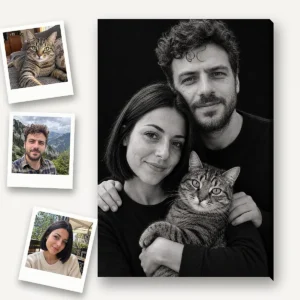 Trei poze separate, ca fotografii polaroid, și portretul de familie stil studio făcut din ele: cuplul și pisica lor