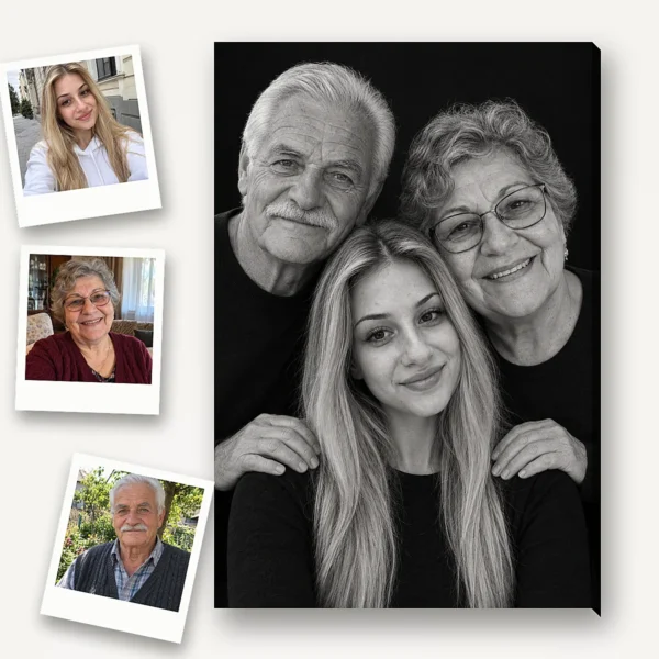 Pozele separate, ca polaroide, ale bunicilor și nepoatei și portretul lor de studio