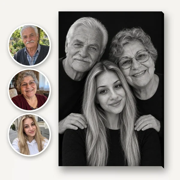 Pozele bunicilor și nepoatei, în cercuri, și portretul lor de familie stil studio
