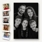 Cinci poze separate, ca polaroide, și portretul de familie stil studio al părinților cu cei trei copii