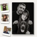Pozele separate, ca polaroide, ale tatălui, fiicei și labradorului și portretul lor de studio