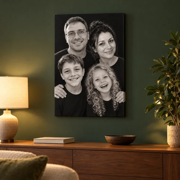 Portret de familie stil studio, alb-negru, pe peretele verde din living