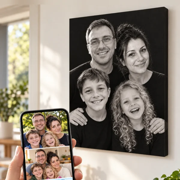 Pozele de pe telefon ale fiecăruia și portretul de familie de pe perete, făcut din ele