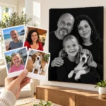 Părinții, fetița și beagle-ul: poza ca polaroid, în mână, și tabloul lor (portret de studio) pe perete
