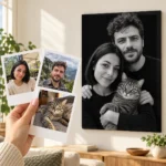 Cuplul cu motanul: poza ca polaroid, în mână, și tabloul lor (portret de studio) pe perete