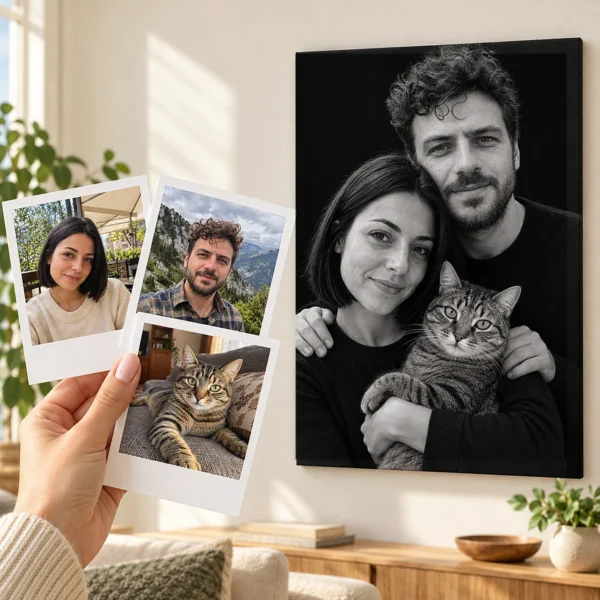 Cuplul cu motanul: poza ca polaroid, în mână, și tabloul lor (portret de studio) pe perete
