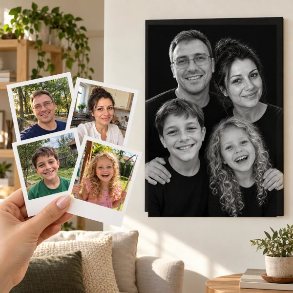 Părinții și cei doi copii: poza ca polaroid, în mână, și tabloul lor (portret de studio) pe perete