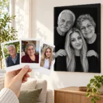 Bunicii și nepoata: poza ca polaroid, în mână, și tabloul lor (portret de studio) pe perete