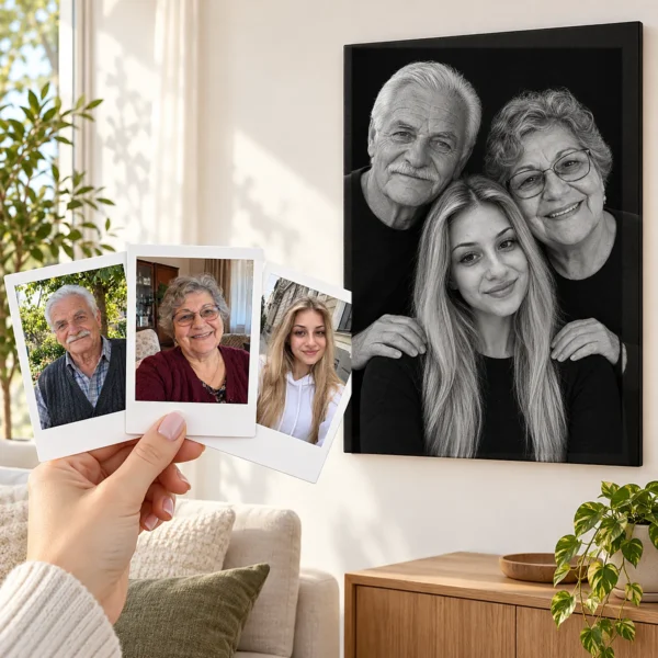 Bunicii și nepoata: poza ca polaroid, în mână, și tabloul lor (portret de studio) pe perete