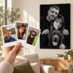 Tatăl, fiica și labradorul: poza ca polaroid, în mână, și tabloul lor (portret de studio) pe perete