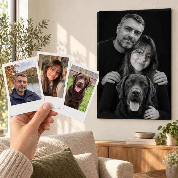 Tatăl, fiica și labradorul: poza ca polaroid, în mână, și tabloul lor (portret de studio) pe perete