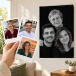 Mama și cei doi copii adulți: poza ca polaroid, în mână, și tabloul lor (portret de studio) pe perete