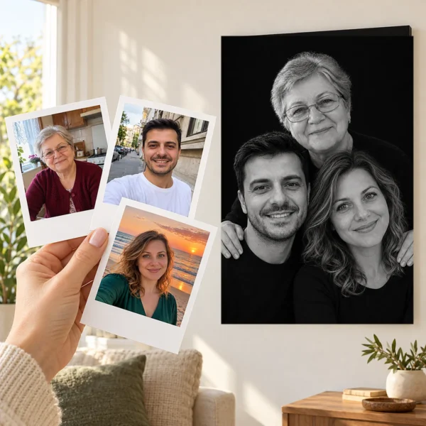 Mama și cei doi copii adulți: poza ca polaroid, în mână, și tabloul lor (portret de studio) pe perete