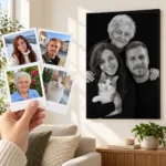 Cuplul, bunica și pisica: poza ca polaroid, în mână, și tabloul lor (portret de studio) pe perete