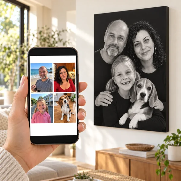 Părinții, fetița și beagle-ul: poza pe telefon și tabloul lor (portret de studio) pe perete