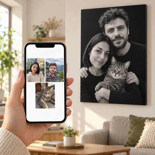 Cuplul cu motanul: poza pe telefon și tabloul lor (portret de studio) pe perete
