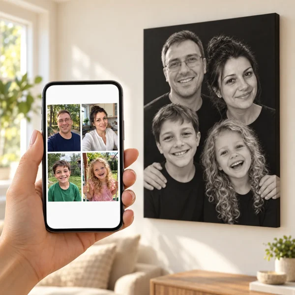 Părinții și cei doi copii: poza pe telefon și tabloul lor (portret de studio) pe perete