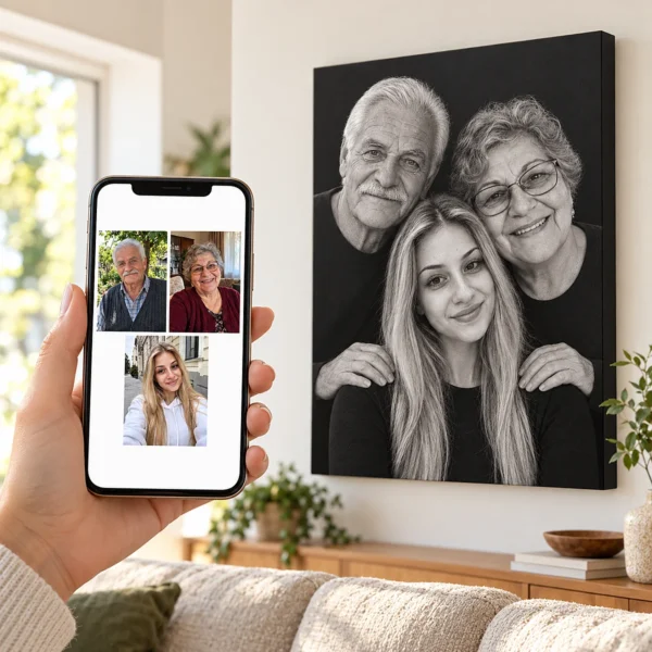 Bunicii și nepoata: poza pe telefon și tabloul lor (portret de studio) pe perete