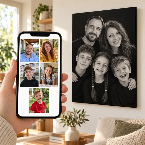 Părinții și cei trei copii: poza pe telefon și tabloul lor (portret de studio) pe perete