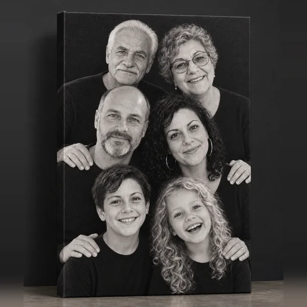 Tablou canvas cu un portret de studio pe trei generații: bunici, părinți și copii