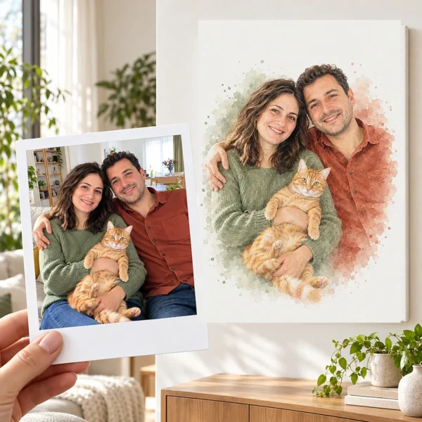 Cuplul cu pisica: poza ca polaroid, în mână, și tabloul lor (tablou în acuarelă) pe perete