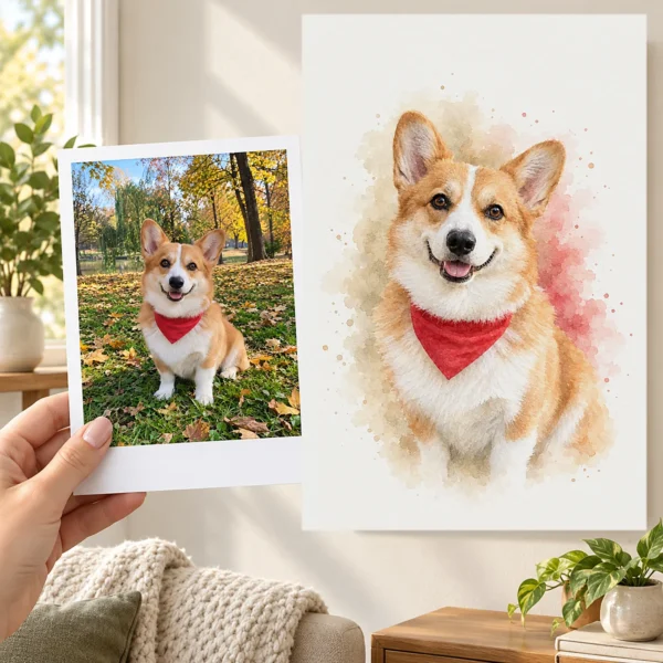 Corgiul: poza ca polaroid, în mână, și tabloul lor (tablou în acuarelă) pe perete