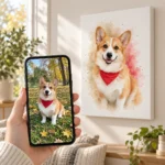 Corgiul: poza pe telefon și tabloul lor (tablou în acuarelă) pe perete
