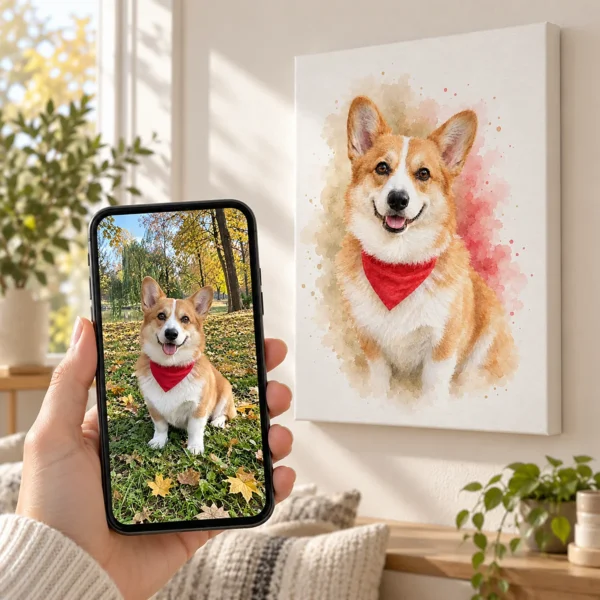 Corgiul: poza pe telefon și tabloul lor (tablou în acuarelă) pe perete