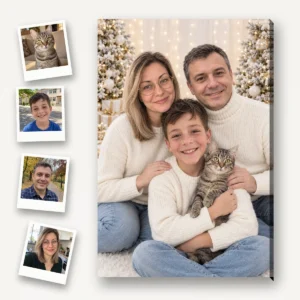 Pozele separate ale unei familii cu pisica, ca polaroide, și portretul lor de Crăciun pe tablou canvas