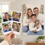 Familia cu pisica: poza ținută în mână ca polaroid și tabloul lor (portret de familie de crăciun) pe perete