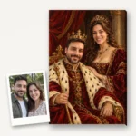Poza unui cuplu ca polaroid și portretul regal pictat din ea pe tablou canvas: el rege, ea regină, pe tron