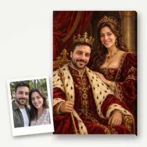 Poza unui cuplu ca polaroid și portretul regal pictat din ea pe tablou canvas: el rege, ea regină, pe tron